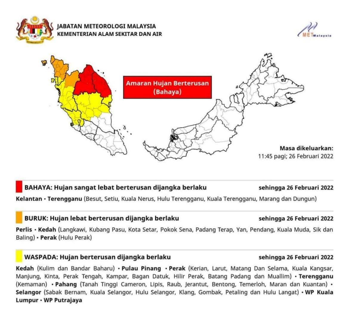 Amaran hujan lebat di 11 daerah di Pahang